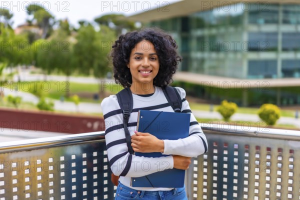 Portrait of a female smiling latin student with casual clothes and rucksack standing proud with folder outside the university
