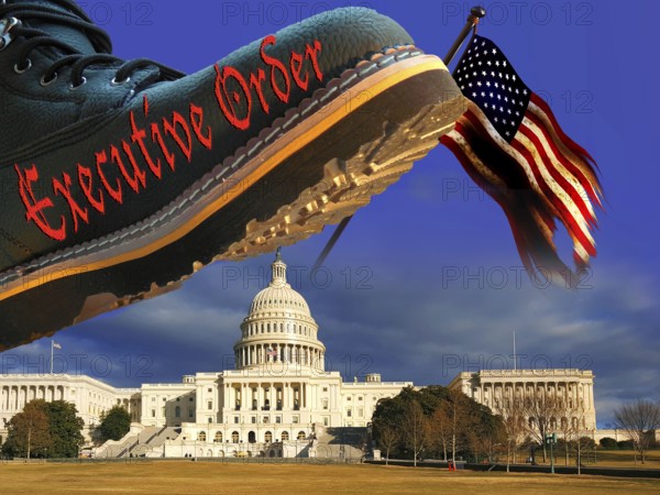 Symbolic image, governing with executive order, pseudo-government, democracy versus autocracy, US democracy in danger, criticism of freedom of speech, LGBT, wokeness, EU and Germany as scapegoats, industry, Donald Trump, tariff threats, Elon Musk, Mark Zuckerberg, social networks, fake news, rights broken, hate, incitement, DSG Digital Services Act, re-election, USA, politics, announcements, vendetta, wanted dictator, Republicans, US electoral system, global danger, lies, 2nd term, global burden, Ukrainian war, storm White House, White House storm. term, global burden, Ukrainian war, White House storm, North America