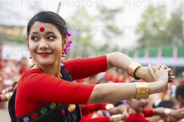 Participants with an instructor dance on the final day of a Bihu dance workshop ahead of Rongali Bihu Festival, in Guwahati, Assam, India on 12 April 2025