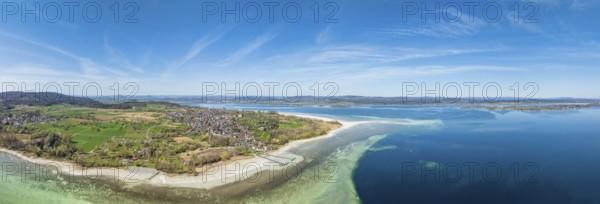 Aerial view, panorama of the Höri peninsula with the Lake Constance community of Horn at low tide, on the horizon the Mettnau peninsula with the town of Radolfzell on Lake Constance, district of Constance, Baden-Württemberg, Germany, Europe