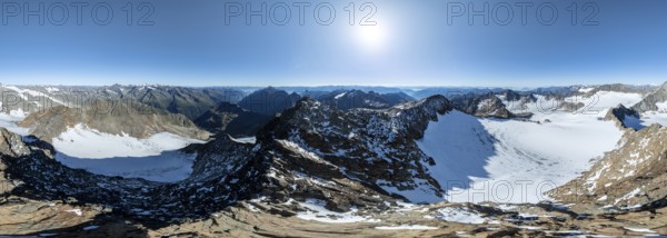 Panorama at the summit of the Wilder Freiger with glacier Übeltalferner and Wilder Freiger Ferner, picturesque mountain landscape, aerial view, Stubai Alps, South Tyrol, Italy, Europe