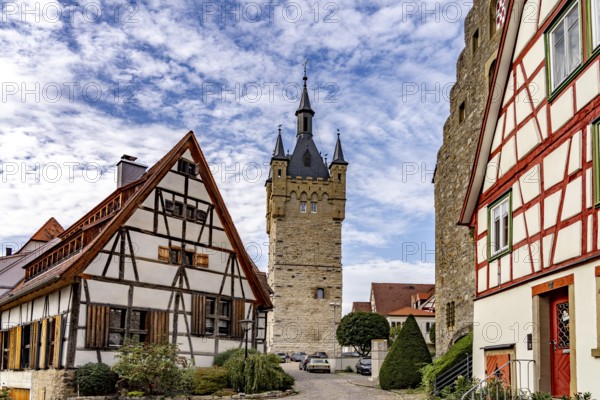 Blue Tower and half-timbered houses in Bad Wimpfen, Kraichgau, Baden-Württemberg, Germany, Europe