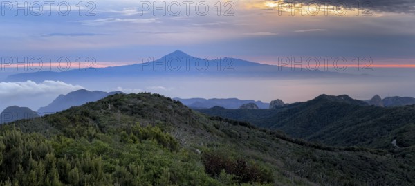 Sunrise, view of Mount Teide from Alto de Garajonay, Tenerife, Garajonay National Park, La Gomera, Canary Island, Spain, Europe