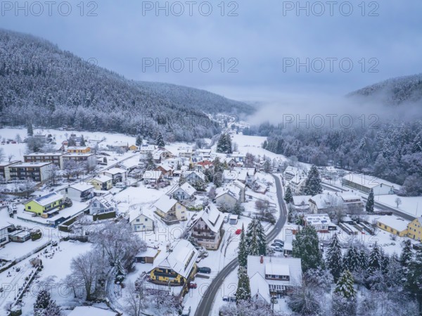 Dreamy village in a wintry and misty forest landscape, Enzklösterle, Calw district, Black Forest, Germany, Europe
