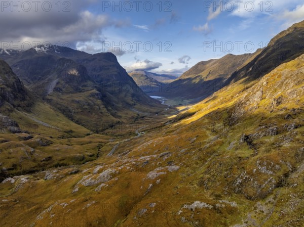 Cloudy mood, morning light, road, valley, mountains, aerial view, autumn, Glencoe, Three Sisters, Scottish Highlands, Scotland, Great Britain