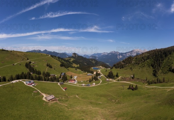 Drone shot, Hochalm, Loferer Alm with view to the Reiteralpe, Lofer, Pinzgau, Land Salzburg, Austria, Europe