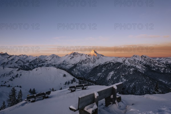 Snow-covered windscape in the Alps at Neunerköpfle in the Tannheimer Tal in Tyrol, Austria, Europe