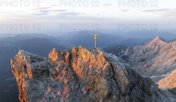 Sunset, aerial view, Zugspitze and summit cross, high mountains, Bavaria, Germany, Europe