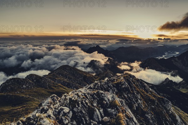 Sunrise hike on the Hochplatte in the Ammergau Alps, Ammergebirge in the Allgäu, Bavaria, Germany, Europe