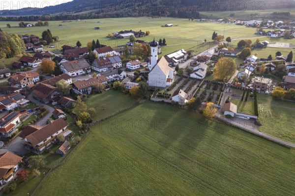 Bayerniederhofen with St Michael's Church seen from the air, Halblech, Allgäu, Bavaria, Germany, Europe