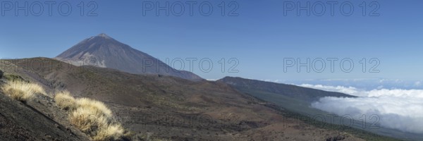 Panorama from the east over the Teide National Park, Parque Nacional del Teide, to Pico del Teide, 3715m, Tenerife, Canary Islands, Spain, Europe