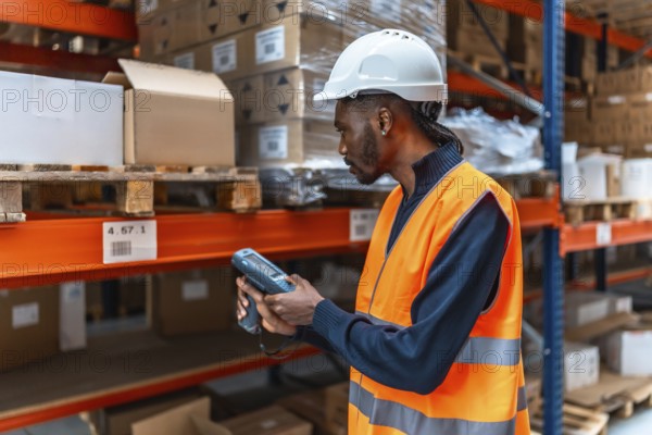 Side view of an african male supervisor in orange reflective waistcoat and helmet scanning barcode of a parcel in a warehouse