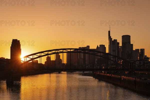 Sunset behind the Frankfurt banking skyline, Osthafen, Frankfurt am Main, Hesse, Germany, Europe