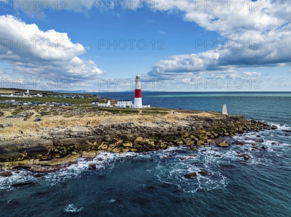 Portland Bill Lighthouse from a drone, Portland Bill, Isle of Portland, Dorset, England, United Kingdom, Europe