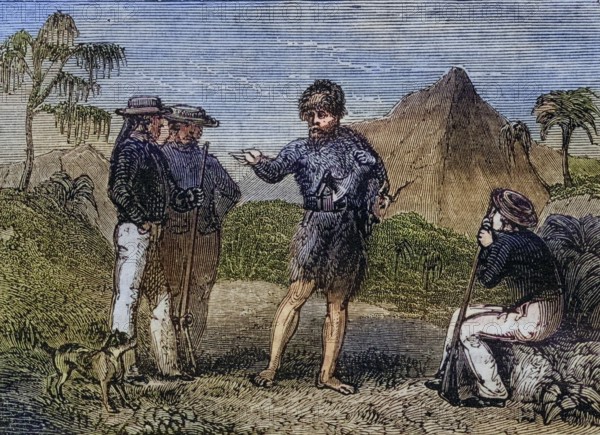 Selkirk and the British sailors. Alexander Selkirk, 1676-1721, Scottish sailor and castaway, Historical, digitally restored reproduction from a 19th century original, Record date not stated