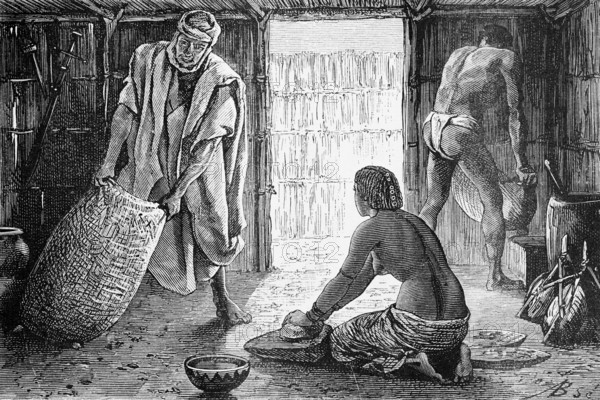 Interior of a hut in the Sahara oasis of Bardaï or Bardai, woman kneeling on the ground and kneading dough, man lifting a filled sack, servant with loincloth stowing a sack, sword on the wall, bowl, travelling, Chad, historical illustration 1886, Africa