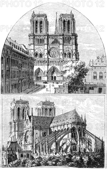 Gothic cathedral Notre Dame de Paris in front or west facade, rear view, double tower, flying buttresses, rose window, reconstruction, fire, architecture, geography, France, historical illustration 1888, Europe