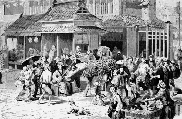 Street scene in a Japanese city, busy street, many people, artists, jugglers, spectators, wooden table, stand, joy, fun, hustle and bustle and life, entertainment, musicians, buildings, travelling in Asia, Japan, historical illustration 1887, Asia