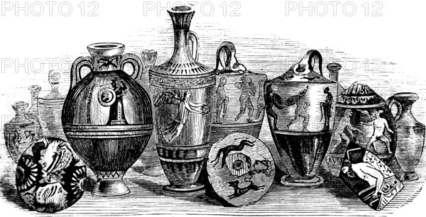 Greek vases and pottery, from archaeological excavations between Piraeus and Athens, street of tombs, decorations with depictions of humans and animals, some clay works turned on the potter's pane, history of mankind, Greece, historical illustration 1880, Europe