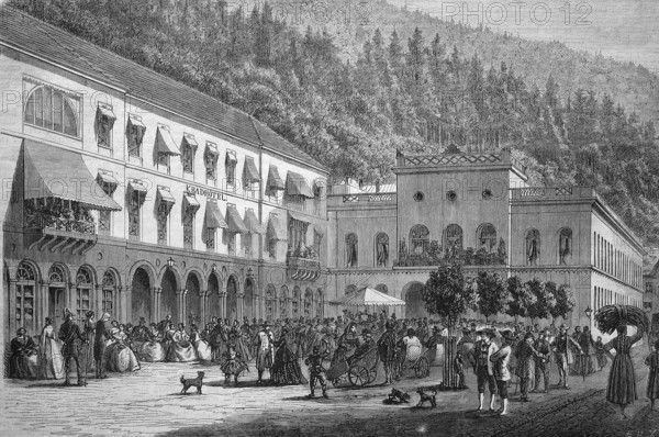 Bad Wildbad with bathhouse and bath hotel, Baden-Württemberg, Germany, in 1890, Historical, digital reproduction of an original 19th century model, Europe