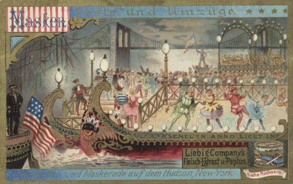Picture series Masquerade parties and processions, parade and masquerade on the Hudson, New York, Liebig picture, digitally restored reproduction of a collector's picture from ca 1900, public domain, exact date unknown, Festive masquerade on a boat in New York with dancers and American flags