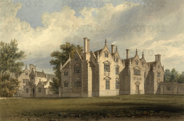 North-east view of Trevalyn Hall, Denbighshire, property of George Boscawen Esqre, built by Sir G. Trevor, England, digitally restored reproduction of a 19th-century original by John Buckler, Record date not stated, North East View of Trevalyn Hall, the property of George Boscawen Esqre, Built by Sir G. Trevor, digitally restored reproduction of a 19th-century original, Record date not stated