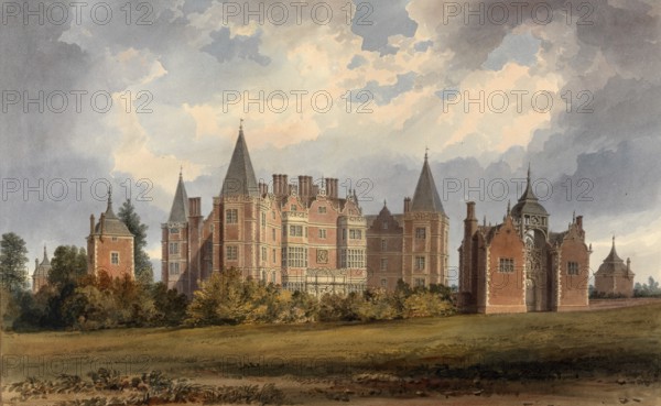 Westwood Park near Droitwich, Worcestershire, seat of Sir John Packington Bart, England, digitally restored reproduction of an original by John Buckler from the 19th century, date not given, large castle with imposing towers and a cloudy sky in the background
