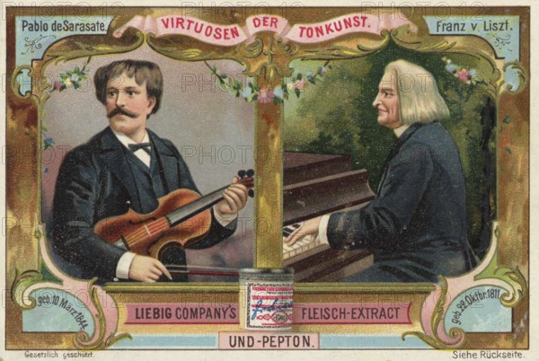 Picture series Virtuosen der Tonkunst, Pablo de Sarasate and Franz Liszt, Liebig picture, digitally restored reproduction of a collector's picture from around 1900, public domain, exact date unknown, portraits of de Sarasate and Liszt, depiction of classical music, artistic frame