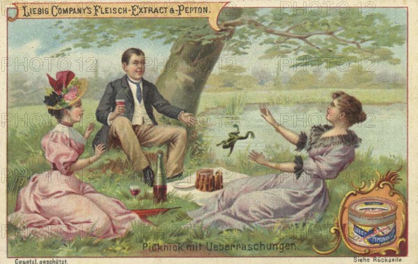 Picture series Scenes from everyday life, picnic with surprise, a frog jumps on the cake, Liebig picture, digitally restored reproduction of a collector's picture from around 1900, public domain, exact date unknown, three people having a picnic next to a river, relaxed atmosphere