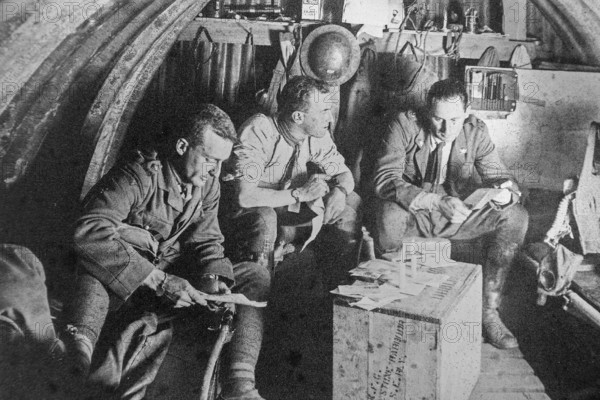 Australian officers of 105th Howitzer battery in WW1 dugout Elephant shelter on Hill 60 during Battle of Passchendaele in 1917, West Flanders, Belgium, Europe