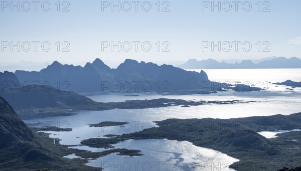Mountain peak and fjord Austensfjorden, fjord landscape and sea, view from the summit of Rundfjellet, Nordland, Norway, Europe