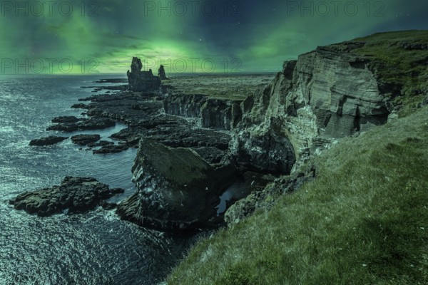 Landscape of Snaefellsnes peninsula in a night with a beautiful Northern Lights. Iceland