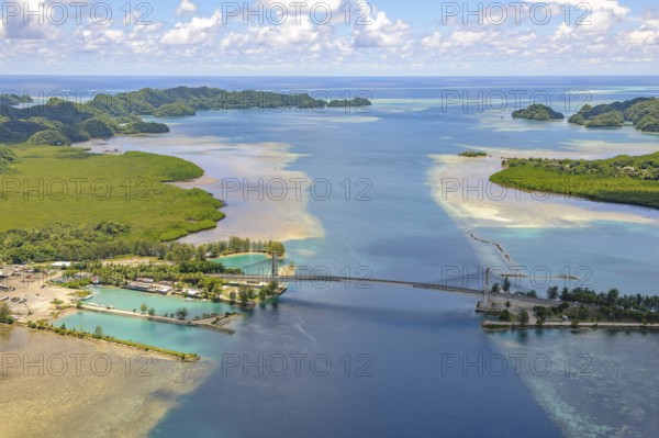 Aerial view of Koror-Babeldaob Bridge also known as Japan-Palau-Friendship Bridge Road bridge between Koror Island and Babeldaob Island in the island state of Palau in the Pacific West Pacific, Republic of Palau, Micronesia, Australia, Oceania