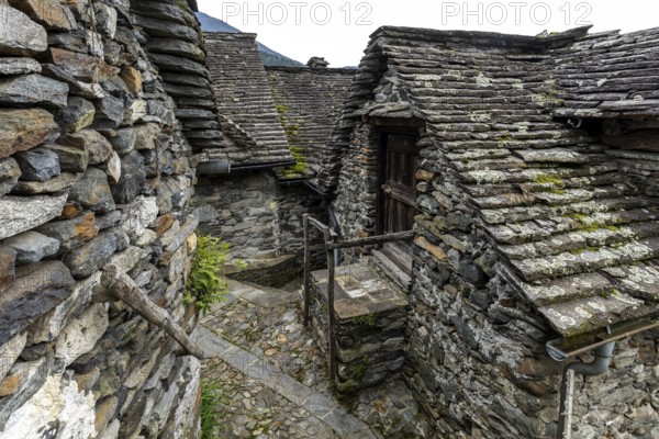 Typical Ticino stone houses in the mountain village of Bordei, Centovalli, Canton Ticino, Switzerland, Europe