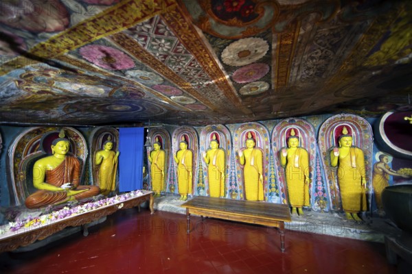 Buddha figures in the Aluvihara Rock Cave Temple or Cave Monastery, Aluvihara, Matale, Central Province, Sri Lanka, Asia