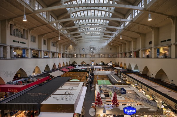 Interior view of market hall, food market, food, stalls, Stuttgart, Baden-Württemberg, Germany, Europe