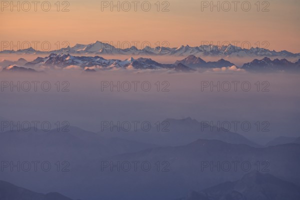 Morning haze and fog over mountain ranges, morning light, summer, Ammergebirge, Tyrolean Alps behind, main Alpine ridge, aerial view, Upper Bavaria, Germany, Europe