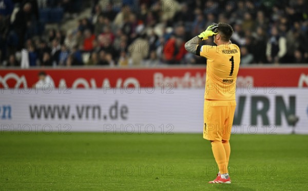 Goalkeeper Kevin Mueller 1. FC Heidenheim 1846 FCH (01) disappointed Gesture Gesture PreZero Arena, Sinsheim, Baden-Württemberg, Germany, Europe