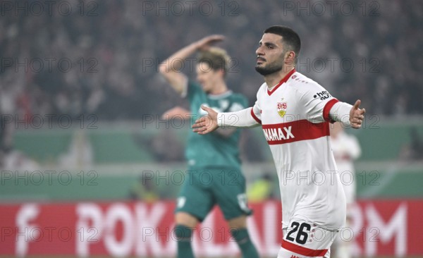Deniz Undav VfB Stuttgart (26) Goal celebration Kristijan Jakic FC Augsburg FCA (17) disappointed DFB Cup, MHPArena, MHP Arena Stuttgart, Baden-Württemberg, Germany, Europe