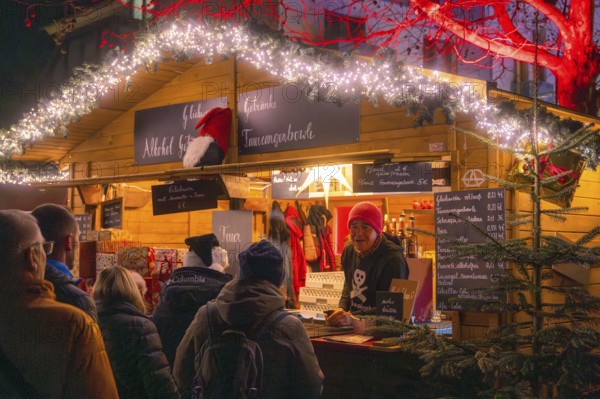People standing at a cosy illuminated stall at a Christmas market at night, Christmas market Nagold, Black Forest, Germany, Europe