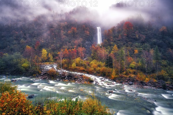 Waterfall with river Verzasca surrounded by autumn coloured deciduous trees, rainy and foggy Verzasca valley, Canton Ticino, Switzerland, Europe