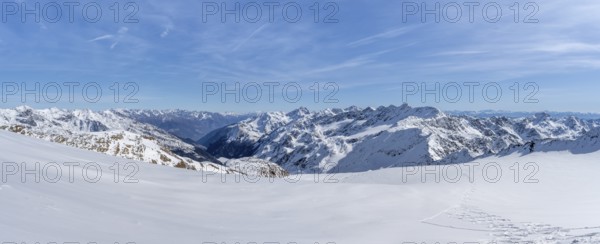 Panorama, snow-covered mountain landscape in winter, Fürkeleferner glacier, view of the Martell Valley, ascent to Monte Cevedale, Ortler Alps, Vinschgau Valley, Italy, Europe