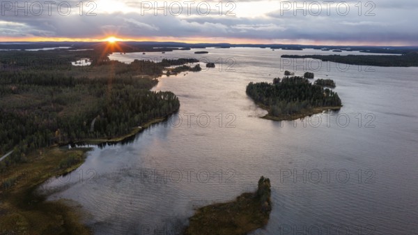 Sunset, drone shot, aerial view, lakes, moor landscape, Lapland, Finland, Europe