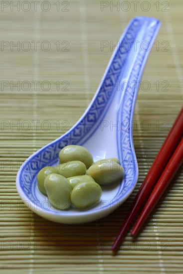 Edamame, unripe soya beans in an Asian ceramic spoon, Glycine max