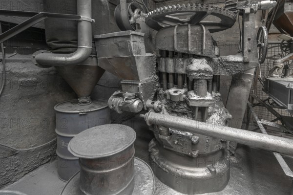 Stamping machine for the production of zinc powder of a metal powder mill, founded in 1900, Igensdorf, Upper Franconia, Bavaria, Germany, Europe
