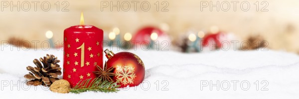 First 1st Advent with candle Christmas decoration Christmas decoration banner Christmas card for Christmas time with copy space Copyspace in Stuttgart, Germany, Europe