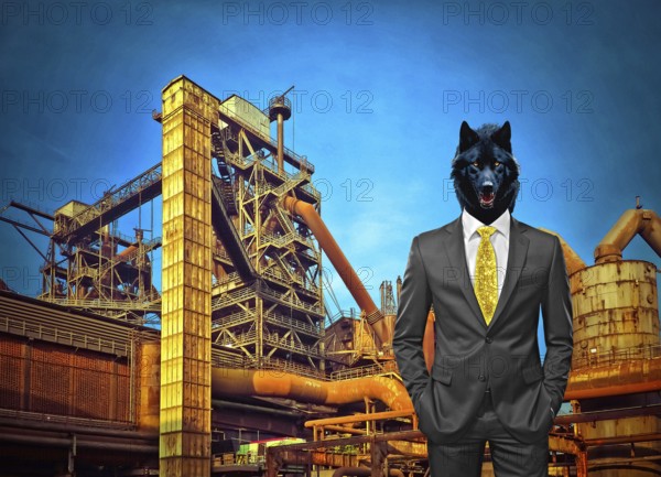 Symbolic image, wolf in a suit, industry, economy critical, exploitation, stress, trade union, pay, wage increase, insolvency, wrong decisions, unemployment, profit, profit slump, share prices, Germany as a business location, global economy, globalisation, environmental protection