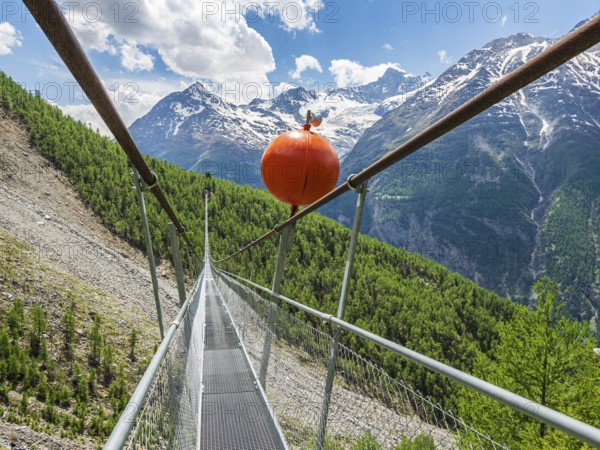 Charles Kuonen suspension bridge, part of hiking trail Europaweg, Matter valley near village Randa, Switzerland, Europe