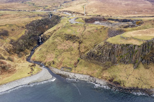 Aerial view of Lealt waterfall and basalt cliff near Staffin, Isle of Skye, Scotland, UK