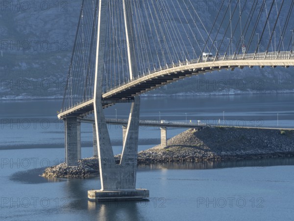 Helgeland bridge, connecting Sandnessjøen with the norwegian mainland, camper van on bridge, Norway, Europe